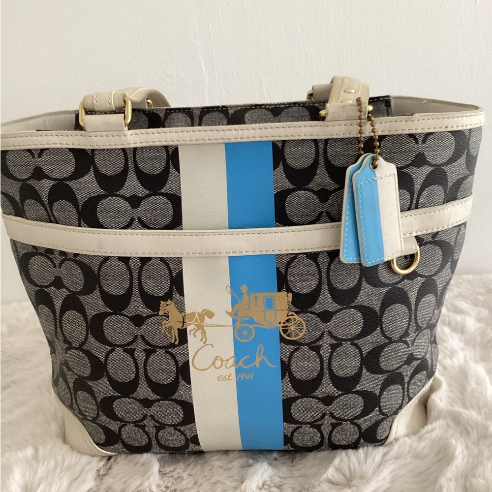 Coach Signature tote with blue stripe - Picture 6 of 7